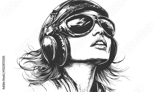 Retro music enthusiast with headphones and sunglasses vector - linear icons set.