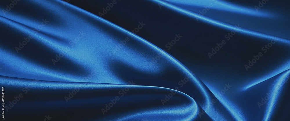 Obraz premium A dark blue abstract background with shiny fabric and wavy pleats, featuring copy space for design