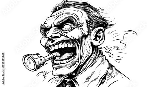 Intense laughing man with flashlight in mouth, monochrome, linear vector, icons set.
