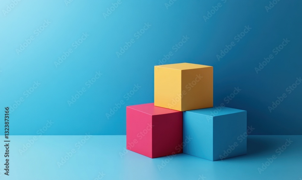 Three colorful cubes on blue background.