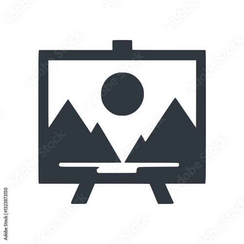 Stylized gallery icon featuring a landscape painting with mountains and sun for art and creativity