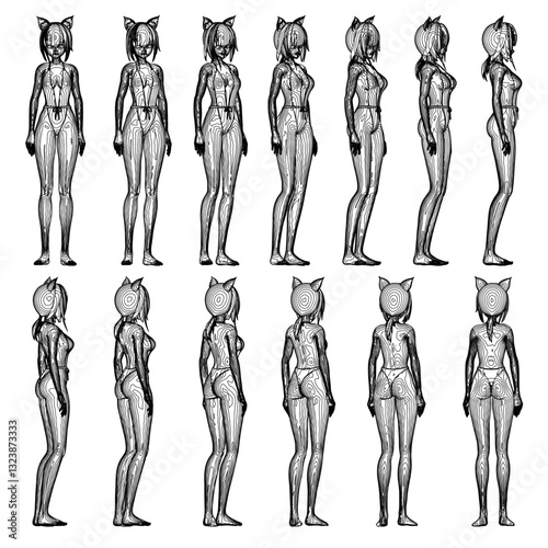 A series of black and white drawings of women with cat ears. The drawings are all the same size and pose in the same position