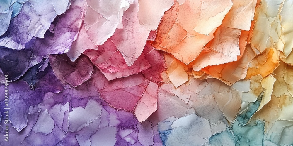 Abstract Palette: A close-up shot of torn, overlapping paper pieces in a vibrant array of colors, creating a captivating display of texture and artistic composition. Abstract Palette: A close-up shot of torn, overlapping paper pieces in a vibrant array of colors, creating a captivating display of texture and artistic composition.