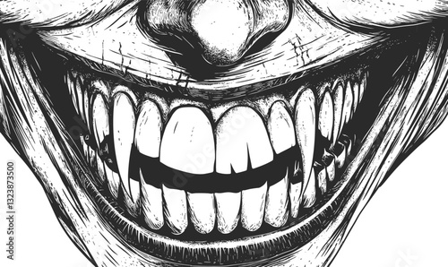 Creepy grinning face with sharp teeth vector in linear art icons set.