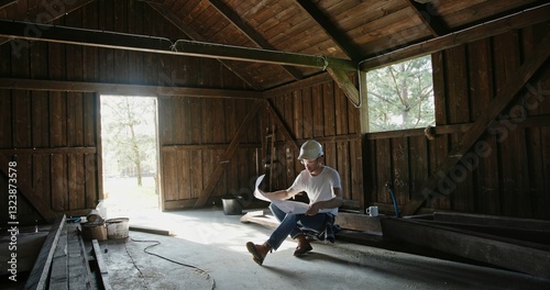 A Man is Engaged in Work Inside a Rustic Barn Surrounded by Tools and Detailed Plans
