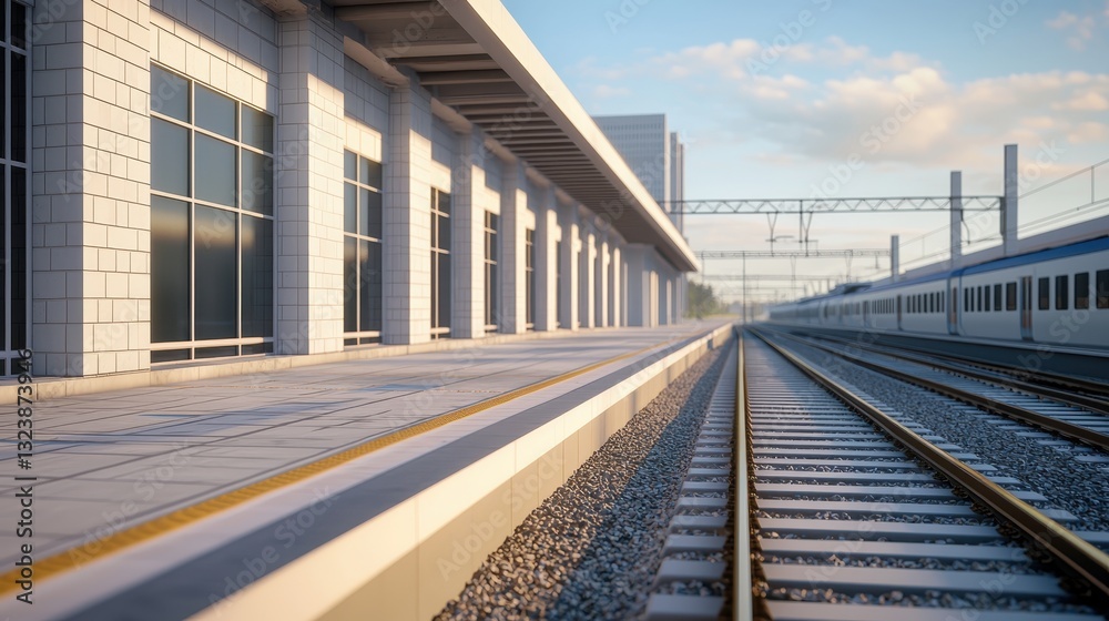 Train station platform with train and tracks. Concept of travel, transportation, and railway infrastructure.