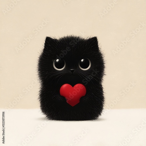 Ultra-realistic, highly detailed digital painting of a cute black cat with large round eyes, holding a red heart. The cat sits on the right side against a beige textured background, with empty 