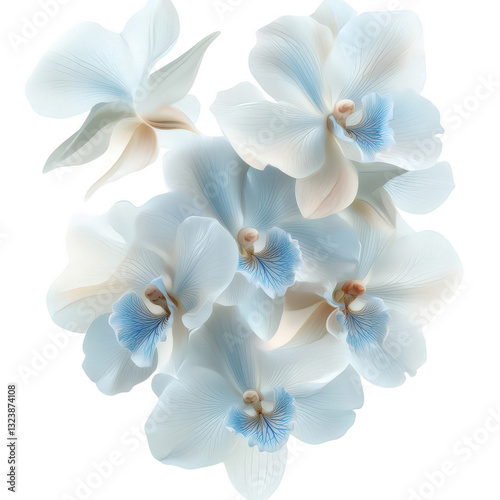 Serene Orchid Bloom: A cluster of delicate orchids, their petals a soft blend of icy blue and creamy white, unfolds in an ethereal display of floral elegance.
