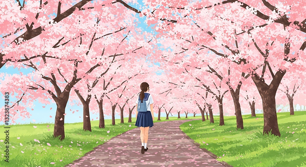 Girl Walking on Path Under Blooming Cherry Trees Spring Season Girl Walking on Path Under Blooming Cherry Trees Spring Season