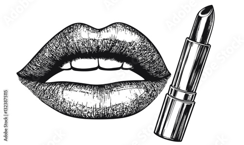 Lipstick and lips icon set in linear style - vector.