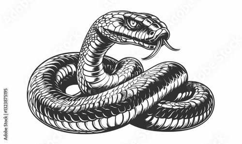 Coiled snake with tongue out, black and white vector, linear style, icon set.