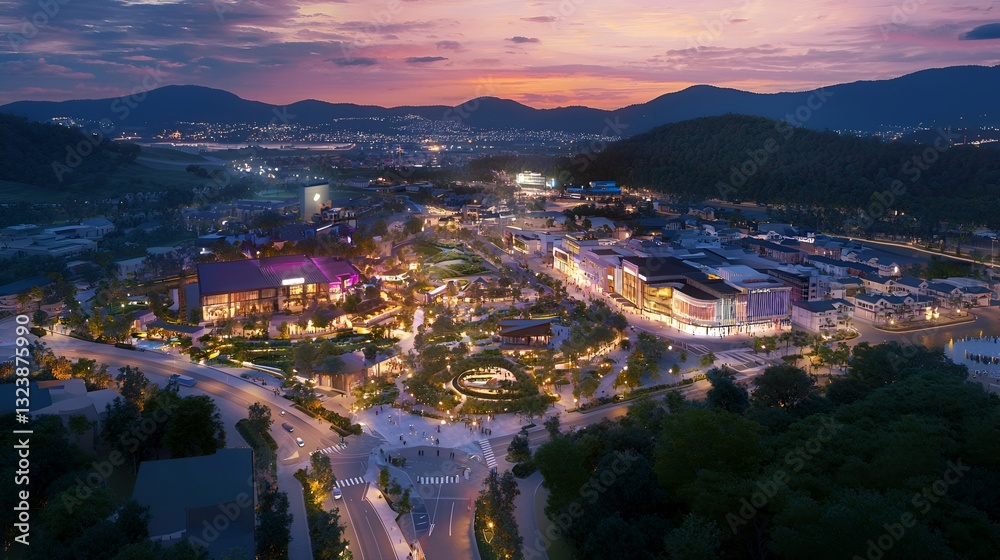 Aerial view of illuminated urban development at twilight. Possible use Stock photo for architectural design, real estate, urban planning Aerial view of illuminated urban development at twilight. Possible use Stock photo for architectural design, real estate, urban planning