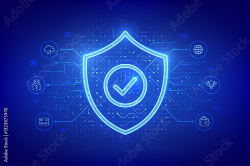 Security shield. Cyber security. Protection shield with Check mark icon. Cyber data protection. Information privacy idea. Network safety. Circuit board pattern. PCB printed circuit texture. Vector.