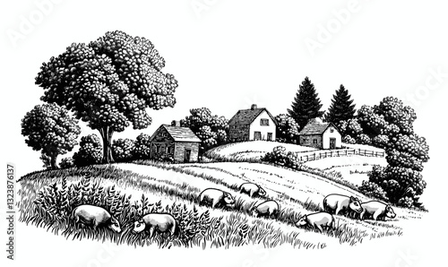 Rural landscape with hilly farmland and farm animals, flat icons set, vector.