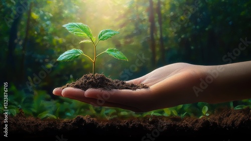 Growing Plant in Hand with Soil in Forest Background Concept of Environmental Issues and Hope