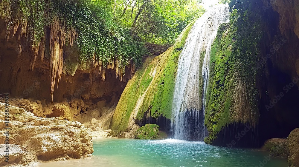 Fototapeta premium Serene Underground Cavern Waterfall with Blue Water and Moss-Covered Stones in a Dense Forest Setting