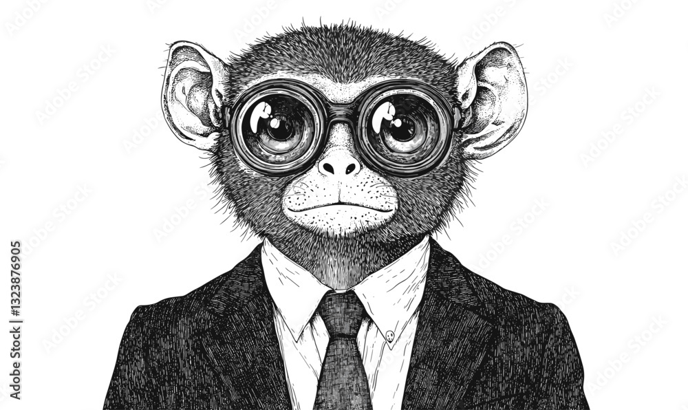 Monkey in suit with glasses, artistic line drawing, flat icons set, vector.