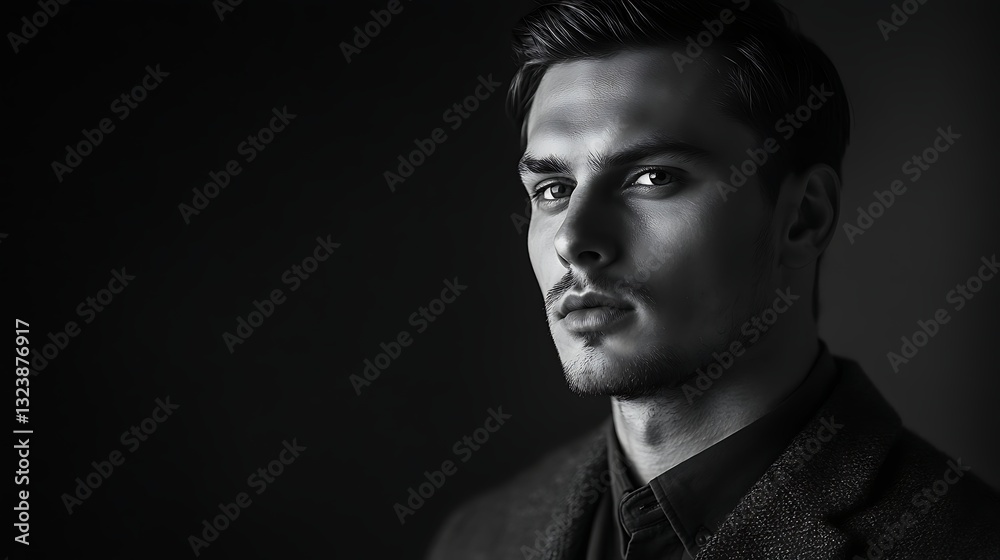 Elegant man with a calm expression on a minimalist black-and-white background Elegant man with a calm expression on a minimalist black-and-white background