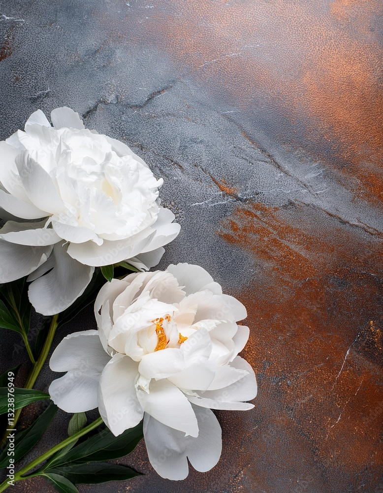 Fototapeta premium White peony flowers on gray and copper marble with copy space. Generated image