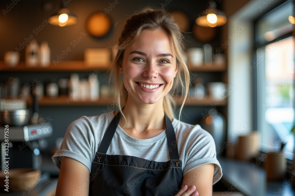 A cheerful young barista standing confidently in a modern cafe. Warm lighting A cheerful young barista standing confidently in a modern cafe. Warm lighting