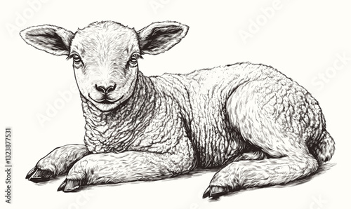 Lamb lying down in resting position, black and white, linear icons set, vector.