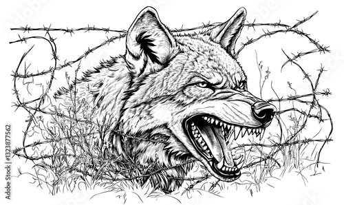 Fierce wolf among barbed wire and thorns vector, linear icons set.