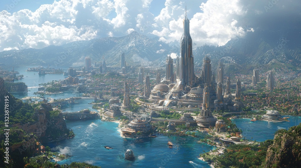 Fototapeta premium Futuristic coastal city nestled in mountains, with skyscrapers, waterways, and lush greenery.