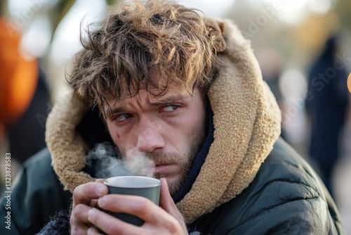 In a quiet park, a young homeless man sits on a bench, clutching a steaming cup. His oversized clothes and gaunt features reveal his struggles, contrasting with blurred passersby around him