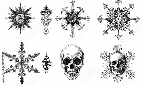 Ornate skull and snowflake designs vector, flat icons set.