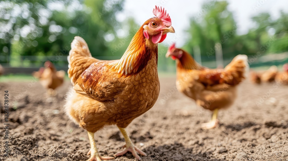 Fototapeta premium Free range chickens on a farm. Concept of poultry farming, agriculture, and animal husbandry.