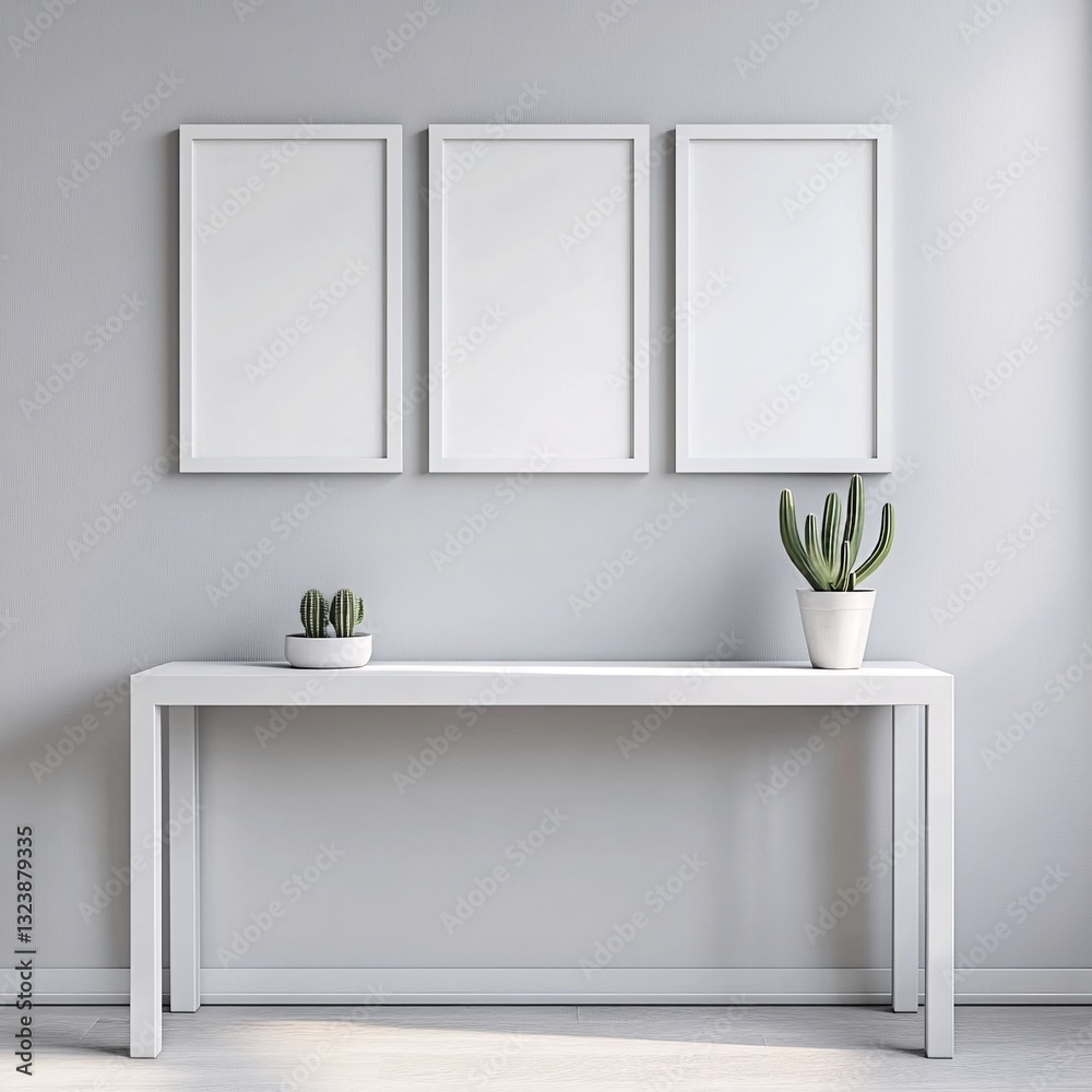 Minimalist Frames and Succulent Plant Display on Console Table in Bright Room Interior Decor Style Minimalist Frames and Succulent Plant Display on Console Table in Bright Room Interior Decor Style