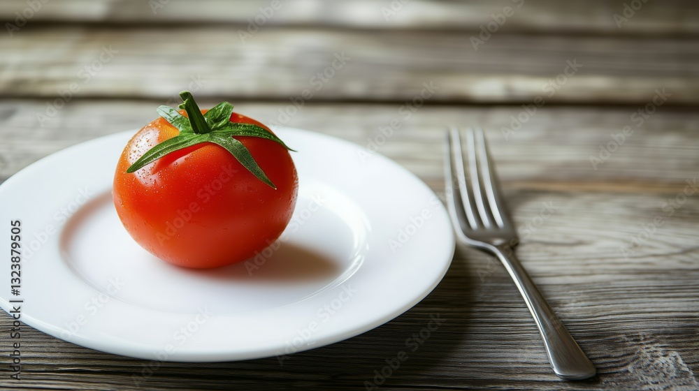 A ripe, red tomato sits on a white plate beside a silver fork on a wooden table, highlighting freshness and simplicity. A ripe, red tomato sits on a white plate beside a silver fork on a wooden table, highlighting freshness and simplicity.