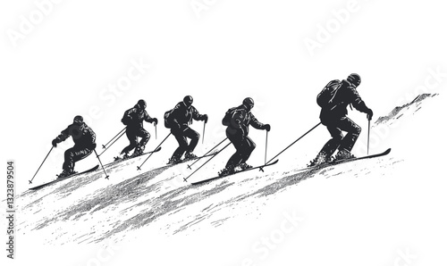 Skiers descending slope in motion sequence, flat icons set, vector.