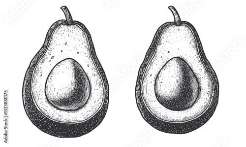 Avocado halves in hand-drawn style, black and white flat icons set, vector.