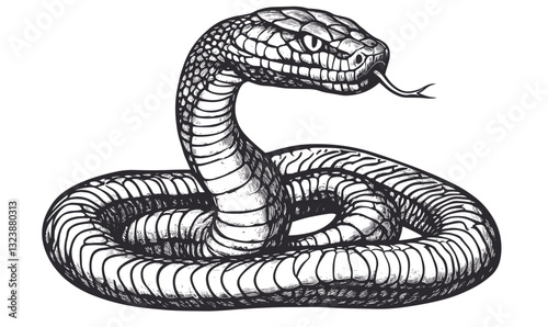 Detailed snake illustrations featuring coiled and hissing poses, flat icons set, vector.