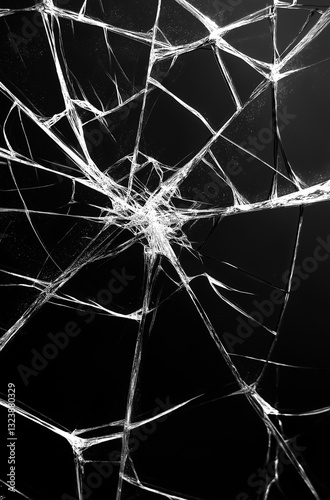 Symmetrical Shattered Glass Effect with Cracked White Lines on Black Background in High-Contrast Vertical Macro Composition