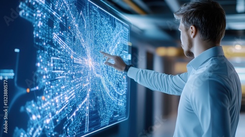 Man Utilizing Advanced Digital City Planning Interface