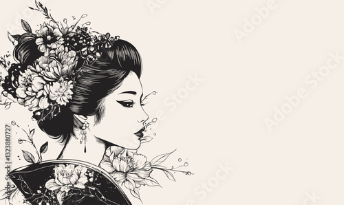 Elegant japanese geisha with floral hairpiece, side profile - flat icons set, vector.