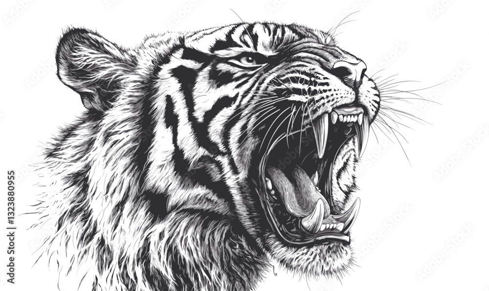 Roaring tiger head vector, detailed black and white, flat icons set. Roaring tiger head vector, detailed black and white, flat icons set.
