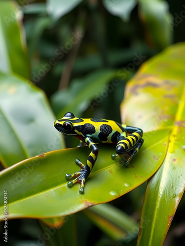 Amazonian Poison Frog perched on a leaf in the rainforest its bright colors and unique markings warning predators of its toxicity amidst the lush and humid environment of this biodiverse region