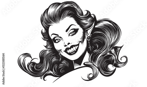 Vintage vampire woman smiling in black and white - linear icons set vector.