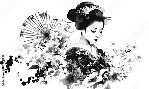 Traditional japanese geisha with floral elements and umbrella, flat icons set, vector.
