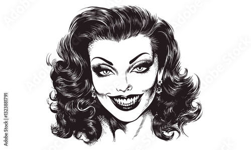 Retro style female portrait with curls and dramatic expression, vector, linear icons set.