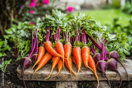 Wallpaper Mural A vibrant display of freshly harvested carrots and beets with bright green tops, arranged on a rustic wooden board, capturing the essence of a healthy, organic garden bounty. Torontodigital.ca