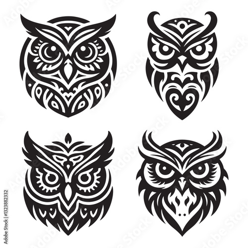 Set of Four Black and White Tribal Owl Illustrations