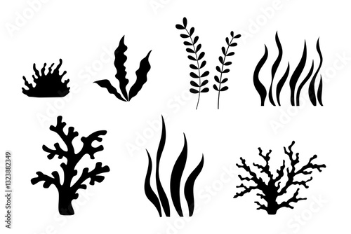 Seaweed vector silhouette, black plants icon, marine illustrations set, underwater grass