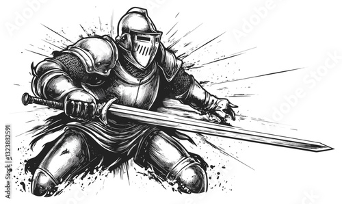 Knight in armor with sword charging forward, medieval warrior icons set, linear vector.