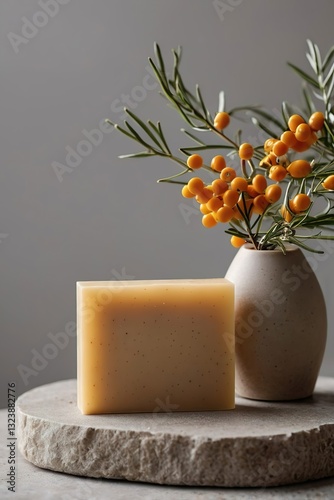 Wallpaper Mural Handmade organic eco olive and sea buckthorn soap on a natural stone stand. Simple minimalistic template with blurry branches on a neutral light background. Torontodigital.ca