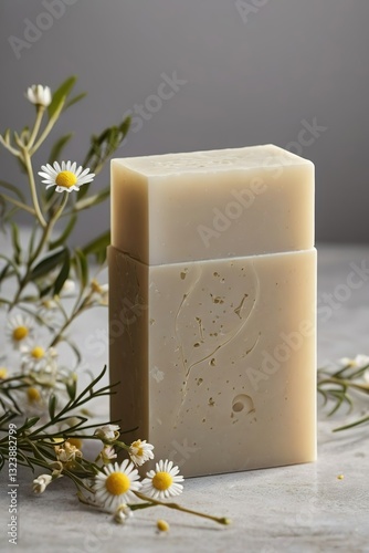 Wallpaper Mural Handmade organic eco chamomile soap on a natural stone stand. Simple minimalistic template with blurry branches on a neutral light background.	 Torontodigital.ca