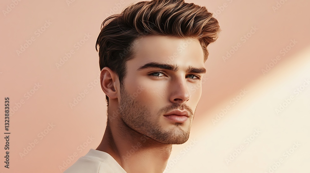 Fototapeta premium Refined man with a sharp jawline on a clean pastel-toned backdrop